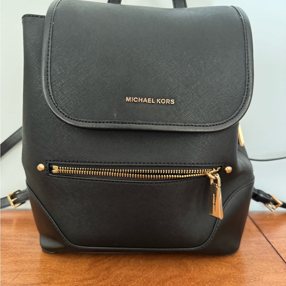 Michael Kors Black Leather Backpack with Gold Accents